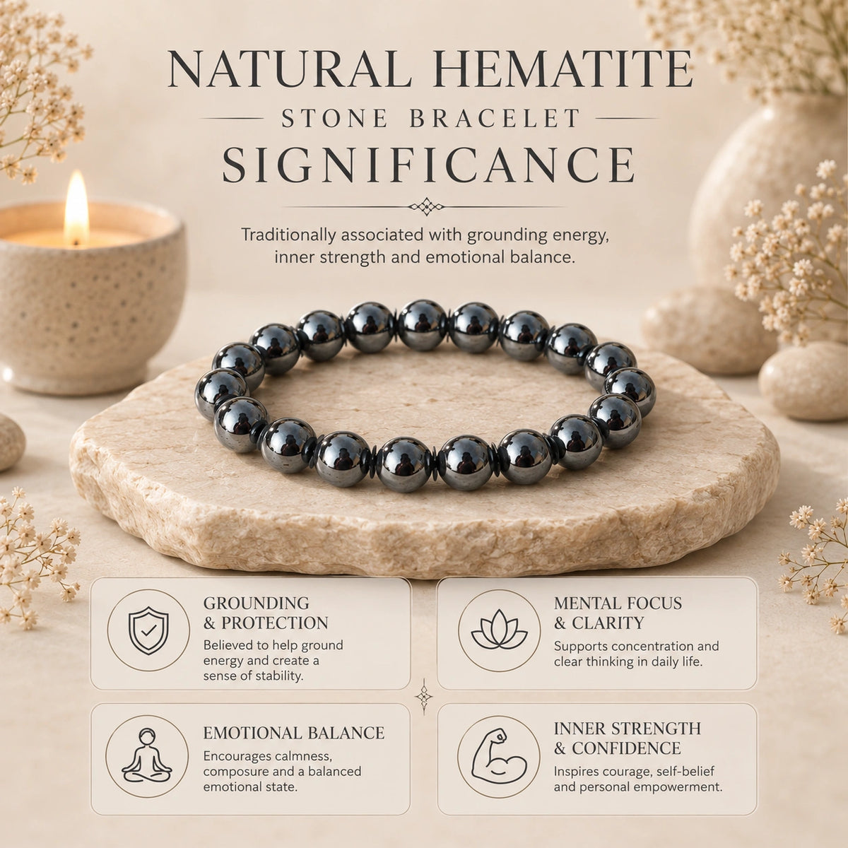 Natural Hematite Gemstone Bracelet – Grounding, Focus & Balance