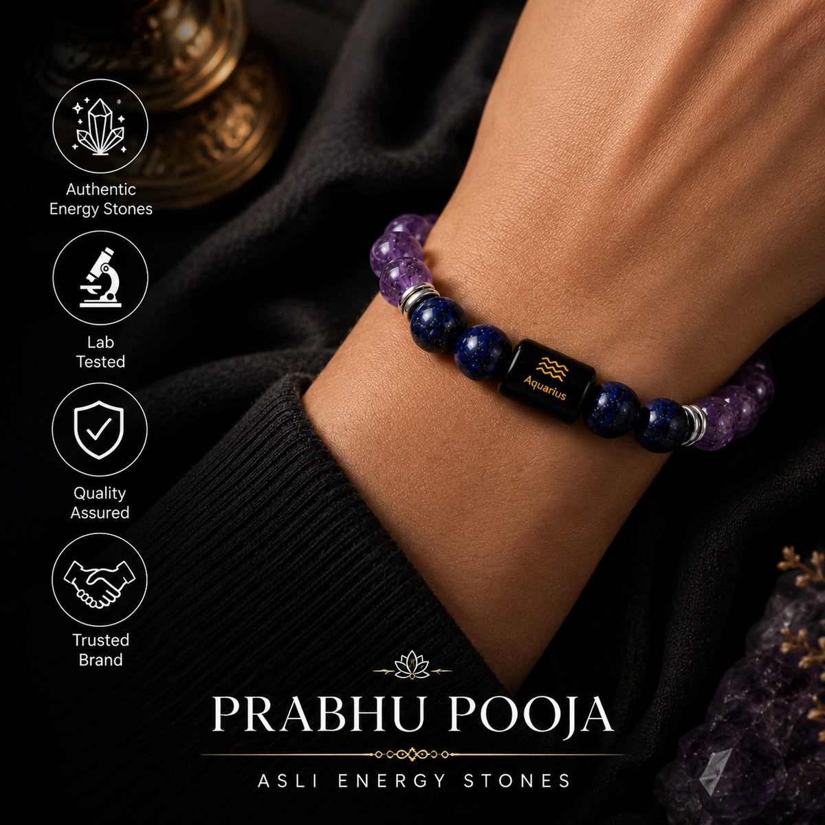Aquarius (Kumbh Rashi) Zodiac Bracelet – Amethyst & Lapis Lazuli
