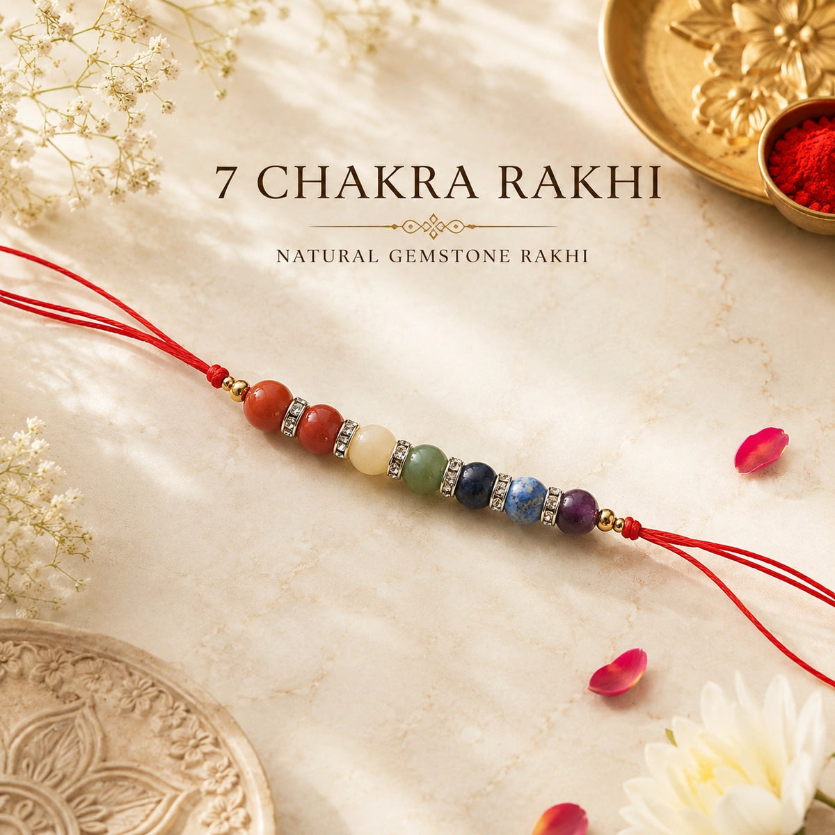 7 Chakra Rakhi for Brother – Natural Gemstone Dori Rakhi with Roli Chawal