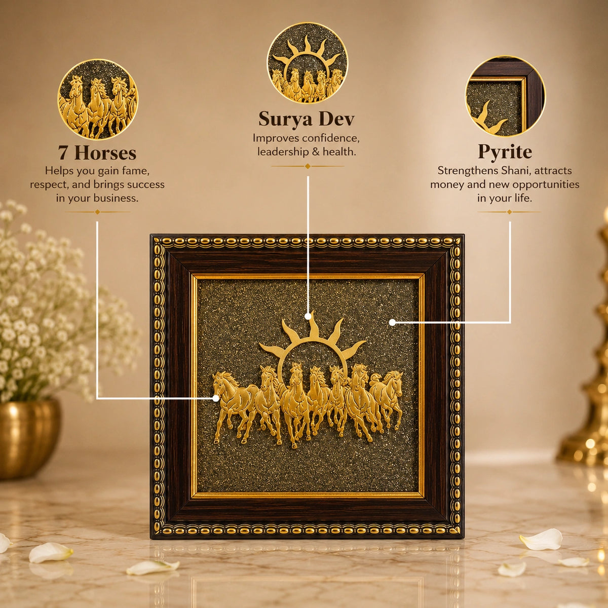 7 Horses Pyrite Frame | Vastu, Prosperity & Positive Energy