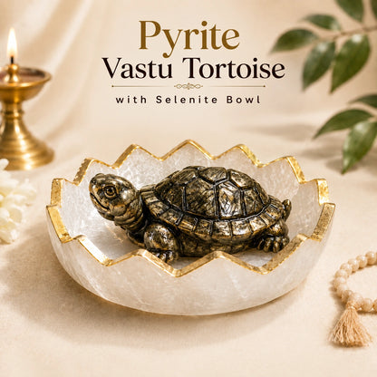 Pyrite Vastu Tortoise with Selenite Charging Bowl | Wealth & Positive Energy