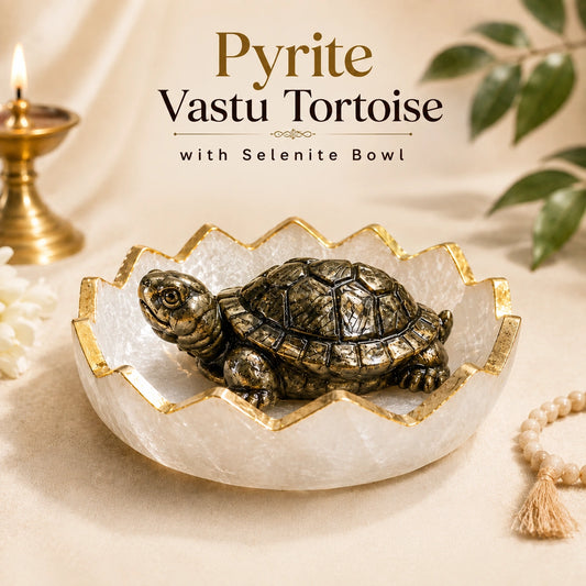 Pyrite Vastu Tortoise with Selenite Charging Bowl | Wealth & Positive Energy