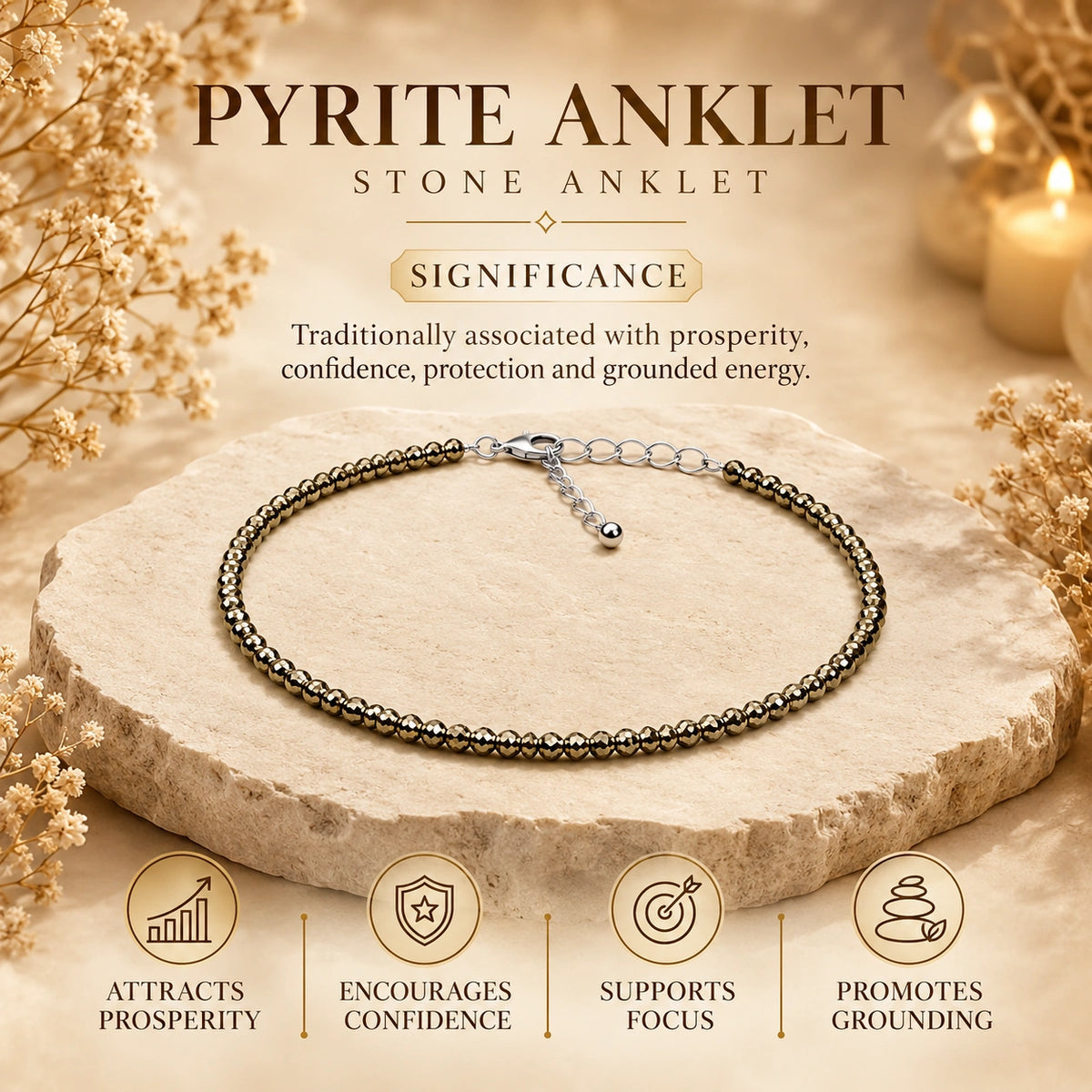 Pyrite Anklet for Women | Natural Diamond Cut Pyrite Crystal