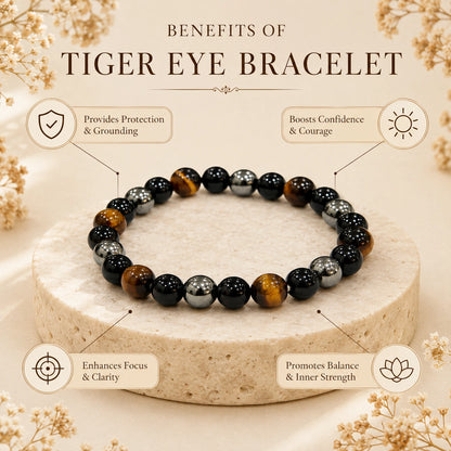 Tiger Eye, Black Onyx & Hematite Triple Protection Bracelet