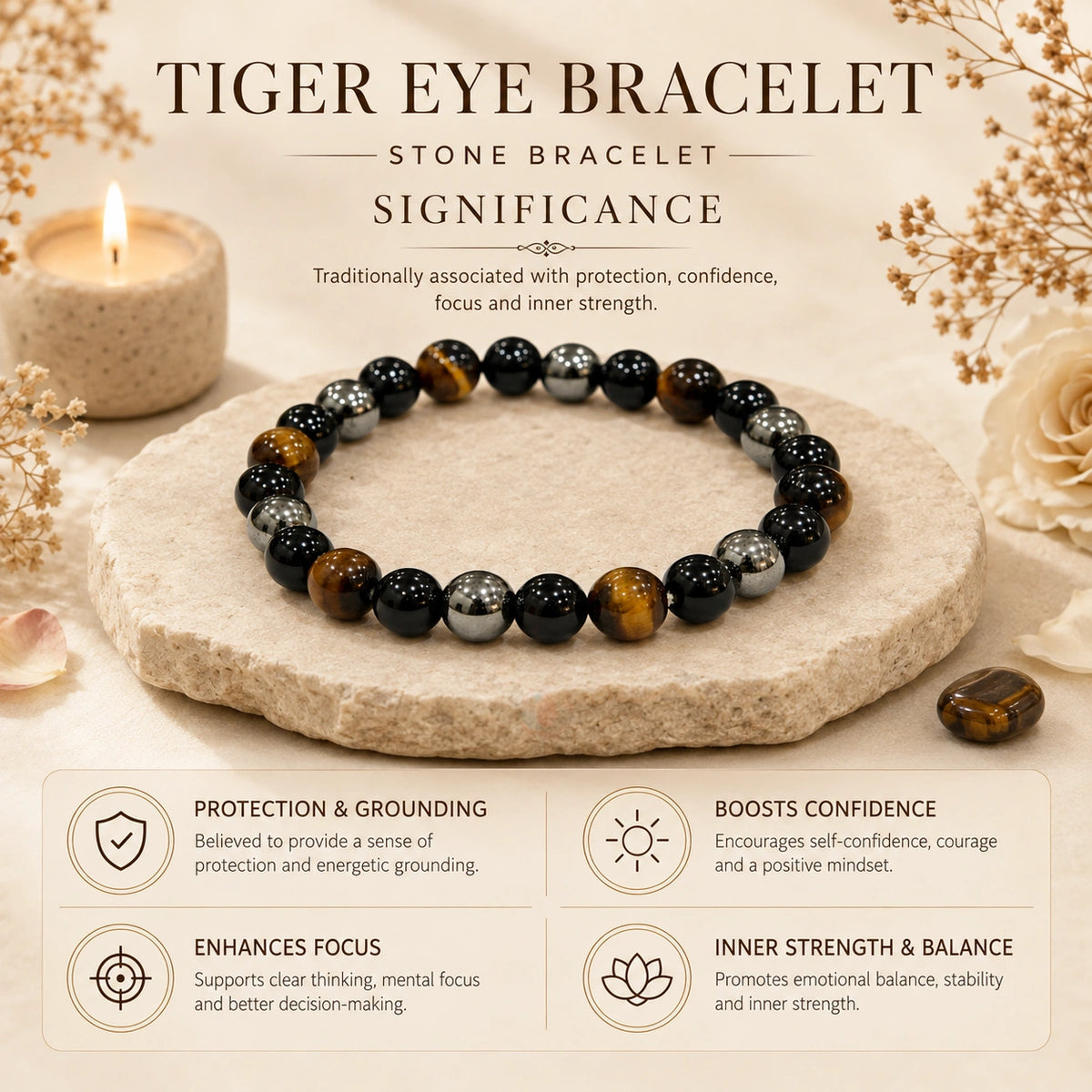 Tiger Eye, Black Onyx & Hematite Triple Protection Bracelet