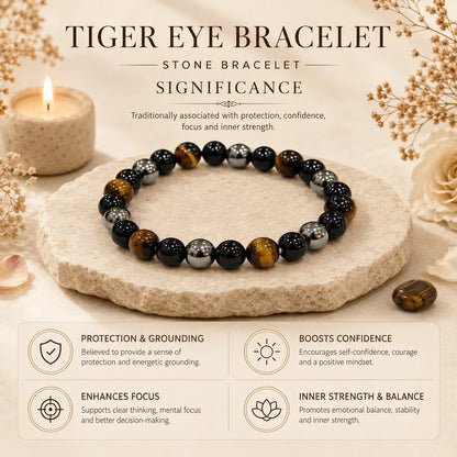 Tiger Eye, Black Onyx & Hematite Triple Protection Bracelet