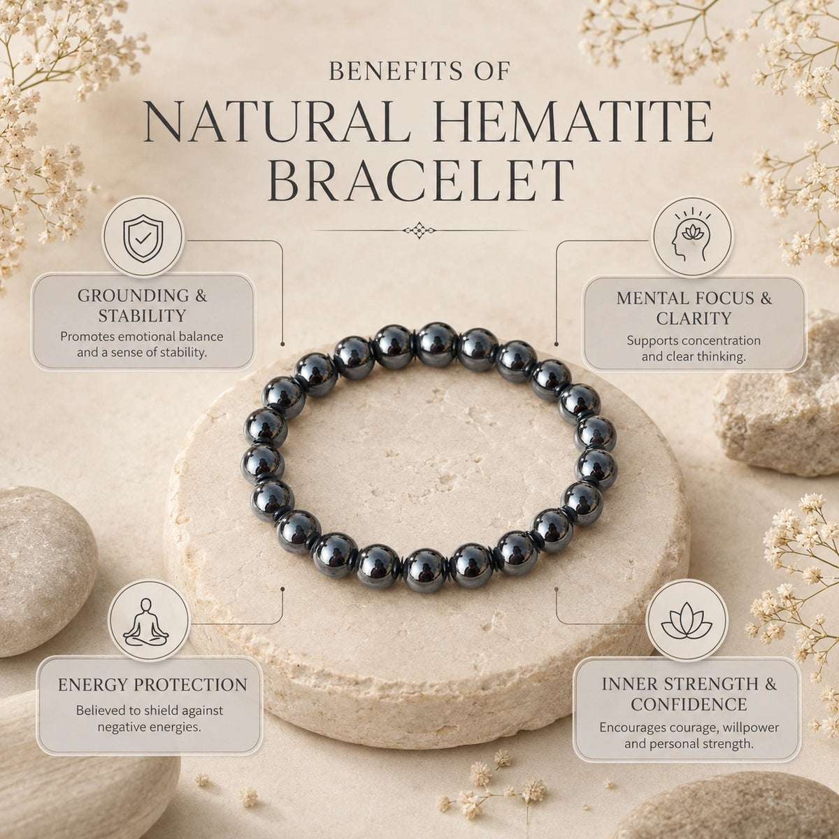 Natural Hematite Gemstone Bracelet – Grounding, Focus & Balance