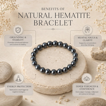 Natural Hematite Gemstone Bracelet – Grounding, Focus & Balance