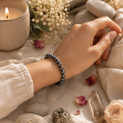 Natural Hematite Gemstone Bracelet – Grounding, Focus & Balance