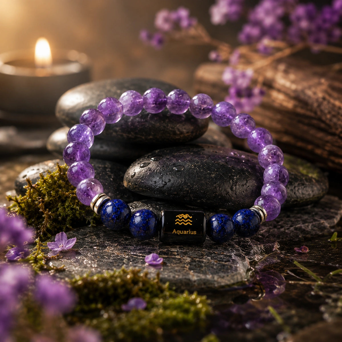 Aquarius (Kumbh Rashi) Zodiac Bracelet – Amethyst & Lapis Lazuli