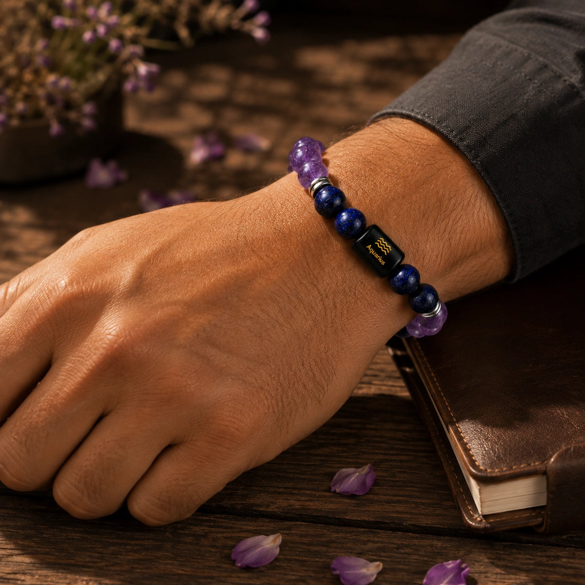 Aquarius (Kumbh Rashi) Zodiac Bracelet – Amethyst & Lapis Lazuli