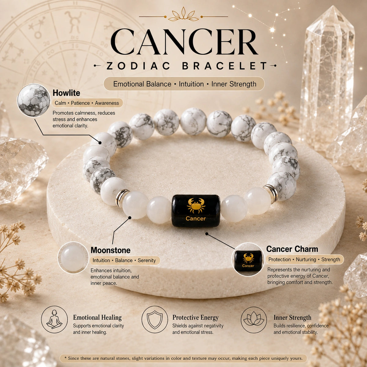 Cancer (Kark Rashi) Zodiac Bracelet – Howlite & Moonstone