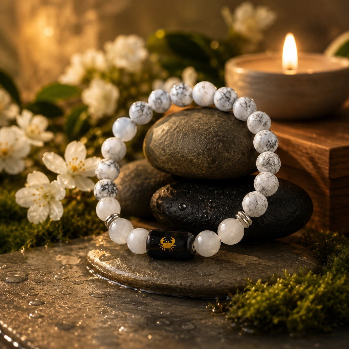Cancer (Kark Rashi) Zodiac Bracelet – Howlite & Moonstone