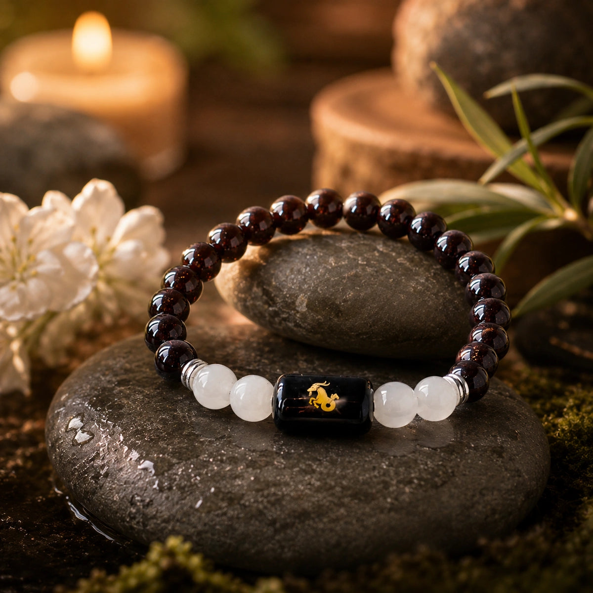 Capricorn (Makar Rashi) Zodiac Bracelet – Garnet & Milky Quartz