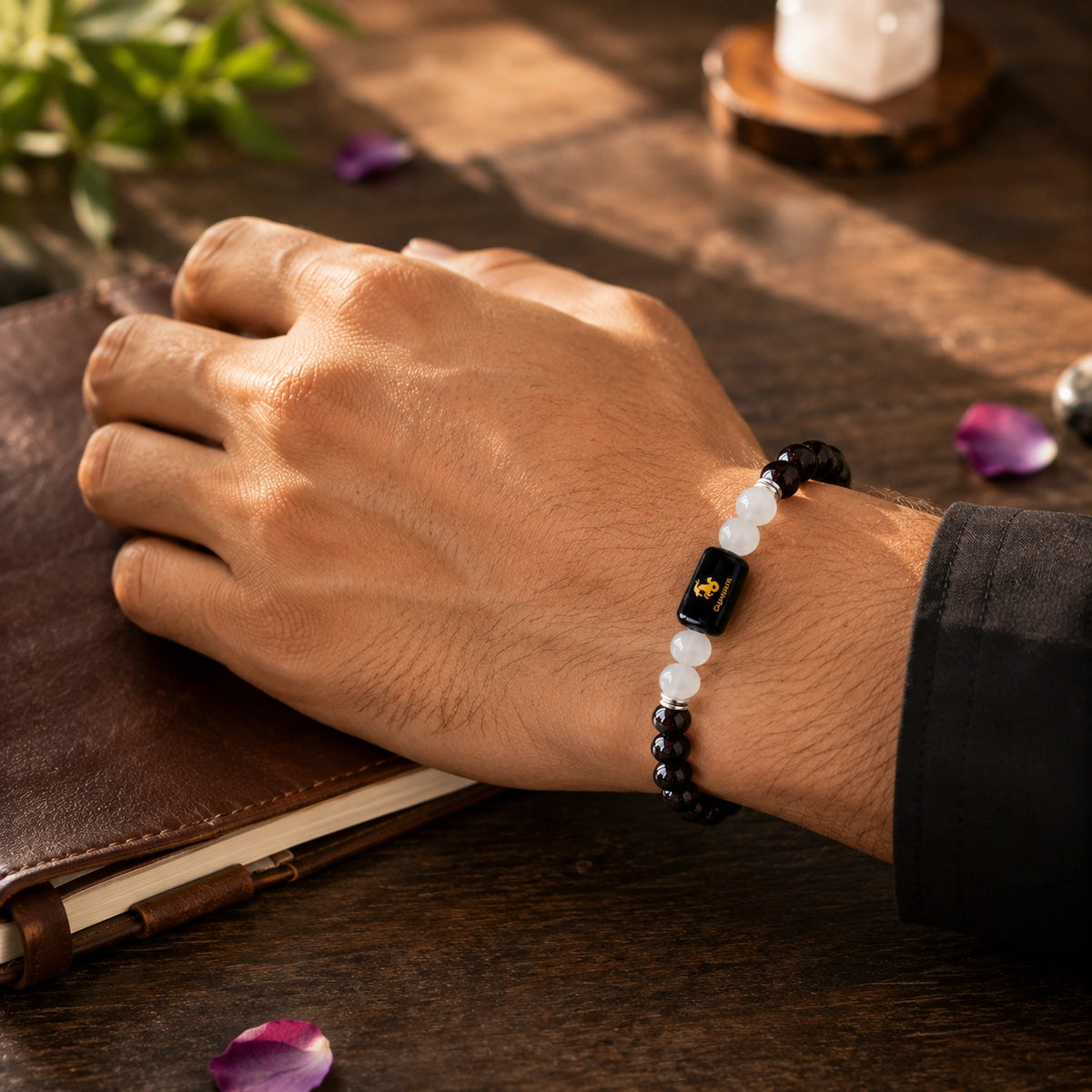 Capricorn (Makar Rashi) Zodiac Bracelet – Garnet & Milky Quartz
