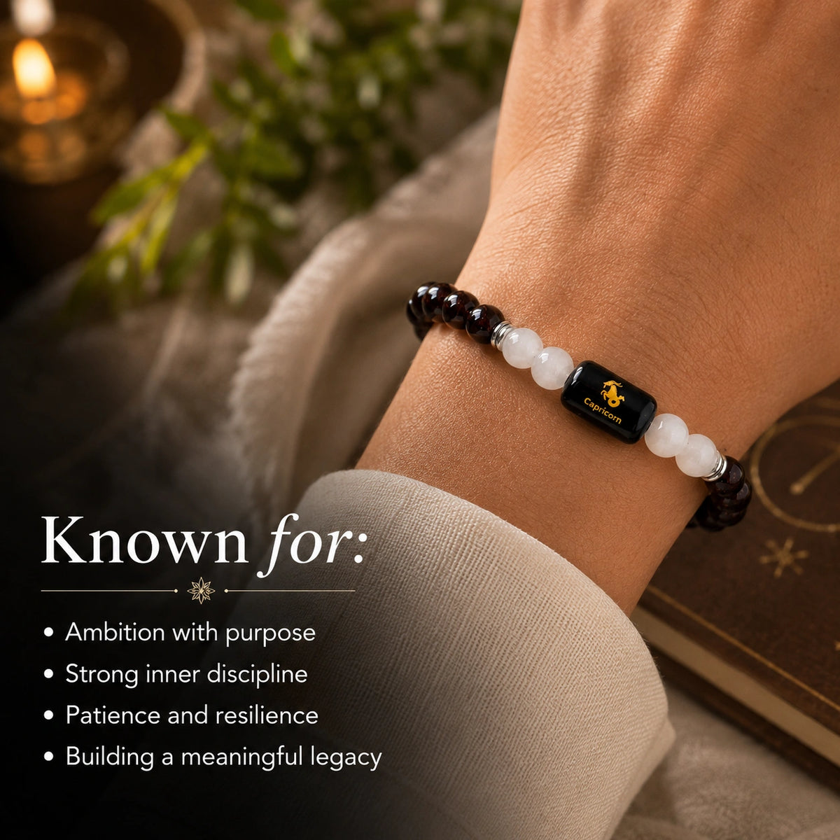 Capricorn (Makar Rashi) Zodiac Bracelet – Garnet & Milky Quartz