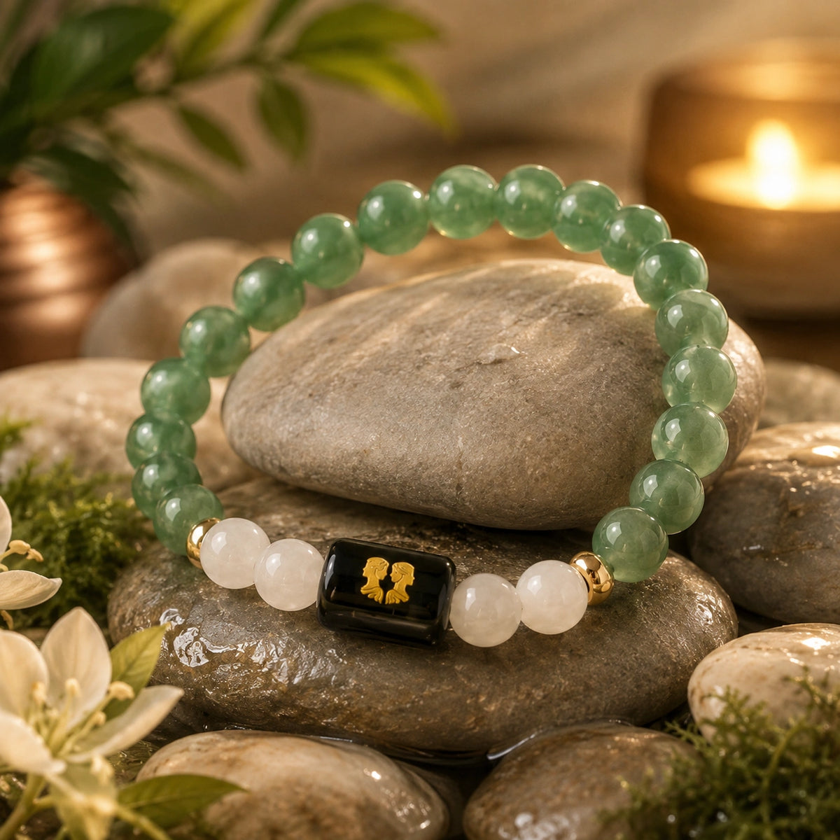 Gemini (Mithun Rashi) Zodiac Bracelet – Green Aventurine & Milky Quartz