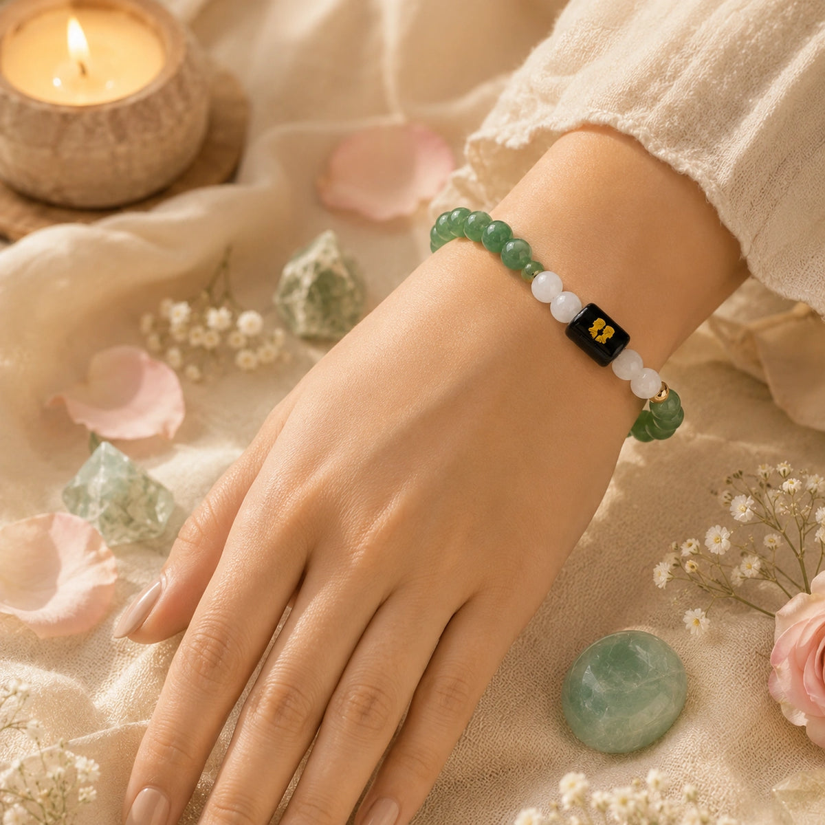 Gemini (Mithun Rashi) Zodiac Bracelet – Green Aventurine & Milky Quartz