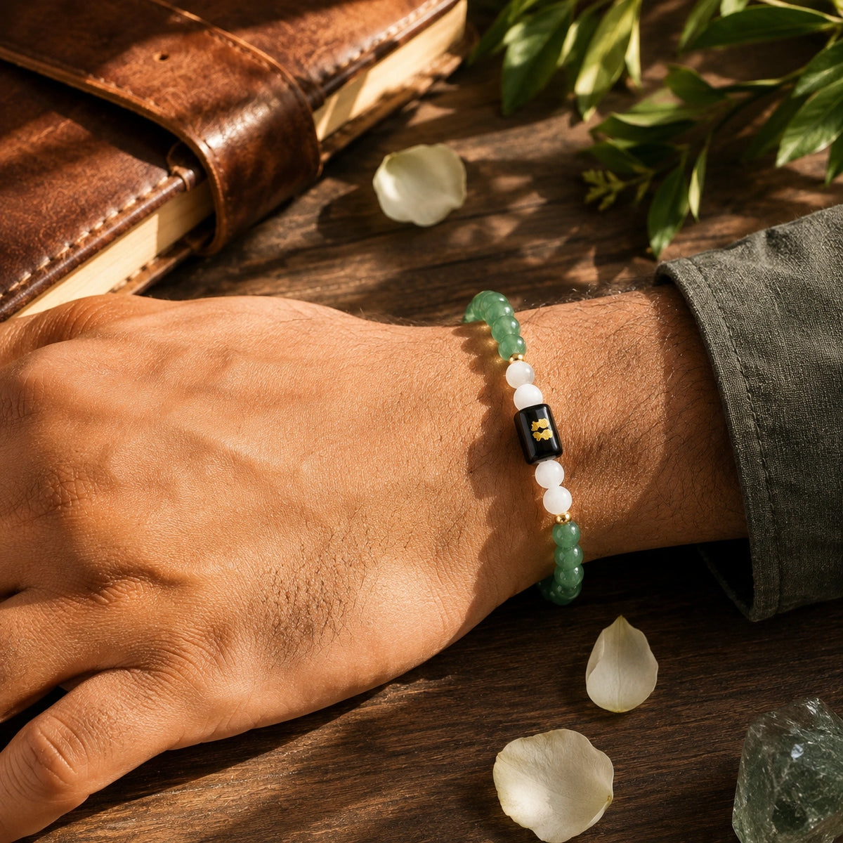Gemini (Mithun Rashi) Zodiac Bracelet – Green Aventurine & Milky Quartz