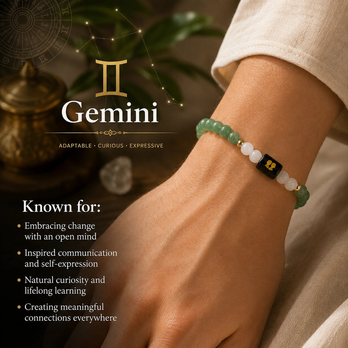 Gemini (Mithun Rashi) Zodiac Bracelet – Green Aventurine & Milky Quartz