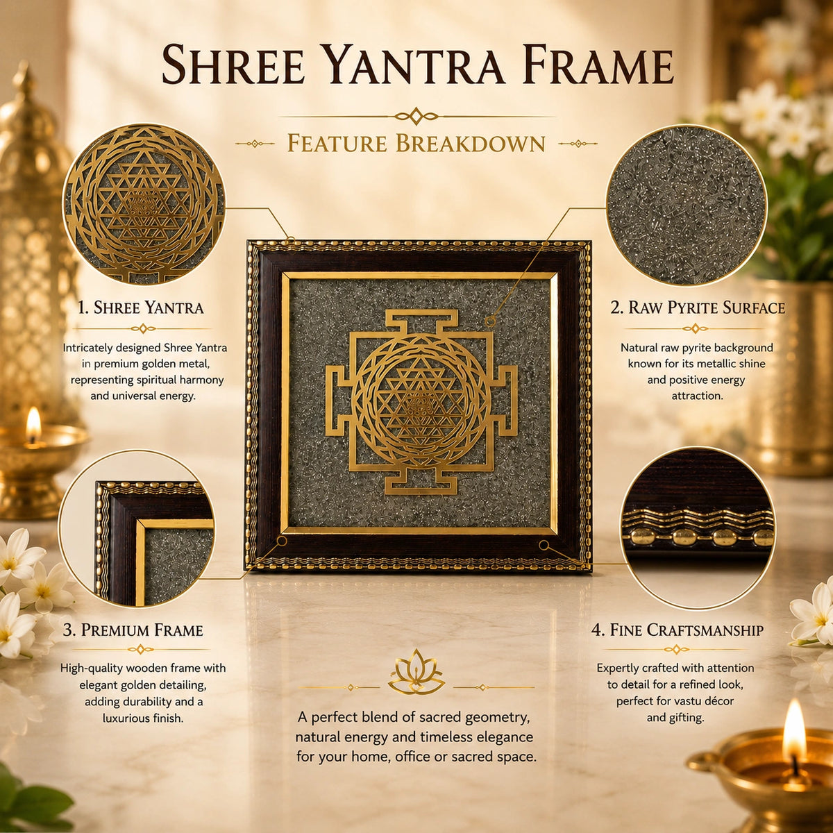 Shree Yantra Raw Pyrite Frame – Vastu Decor for Home & Office