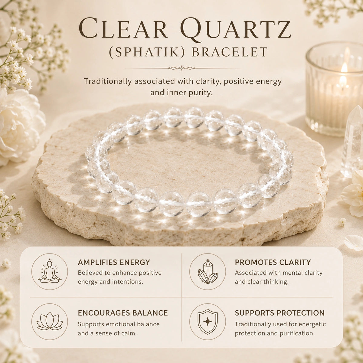 Natural Clear Quartz (Sphatik) Bracelet for Clarity & Positive Energy