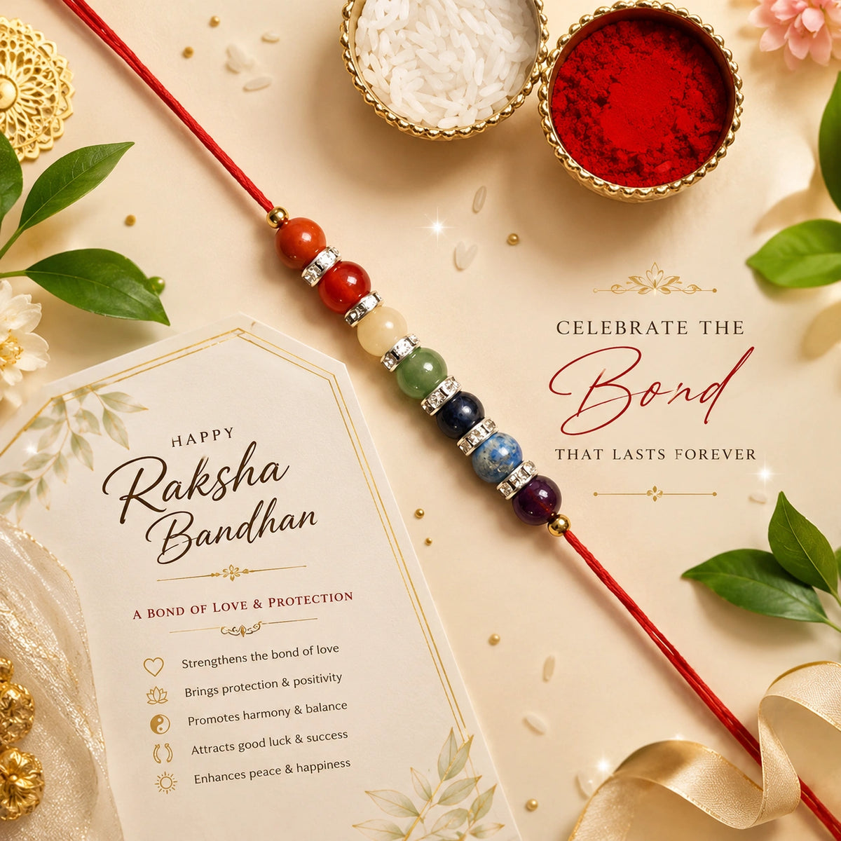 7 Chakra Rakhi for Brother – Natural Gemstone Dori Rakhi with Roli Chawal
