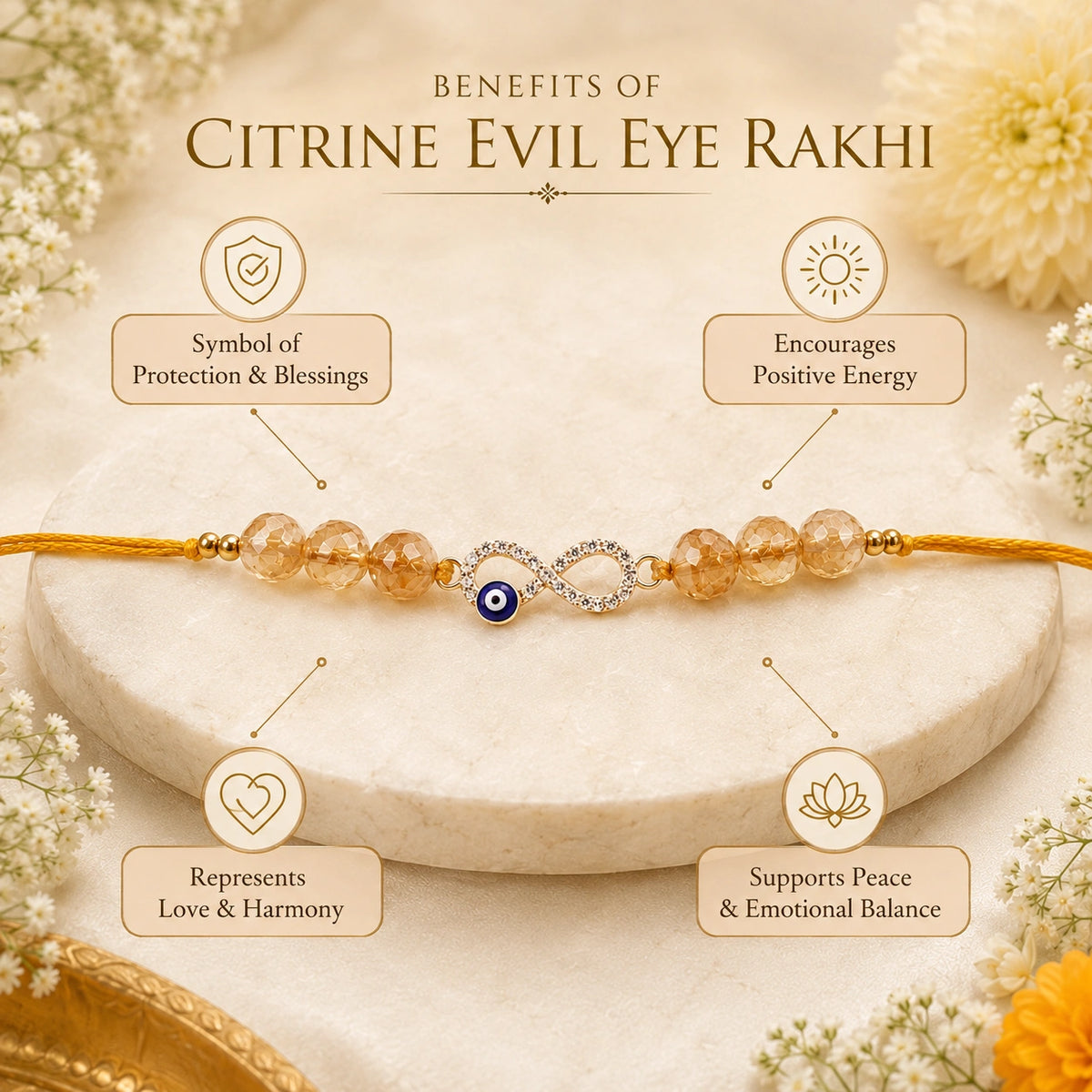 Natural Citrine Evil Eye Infinity Gemstone Rakhi