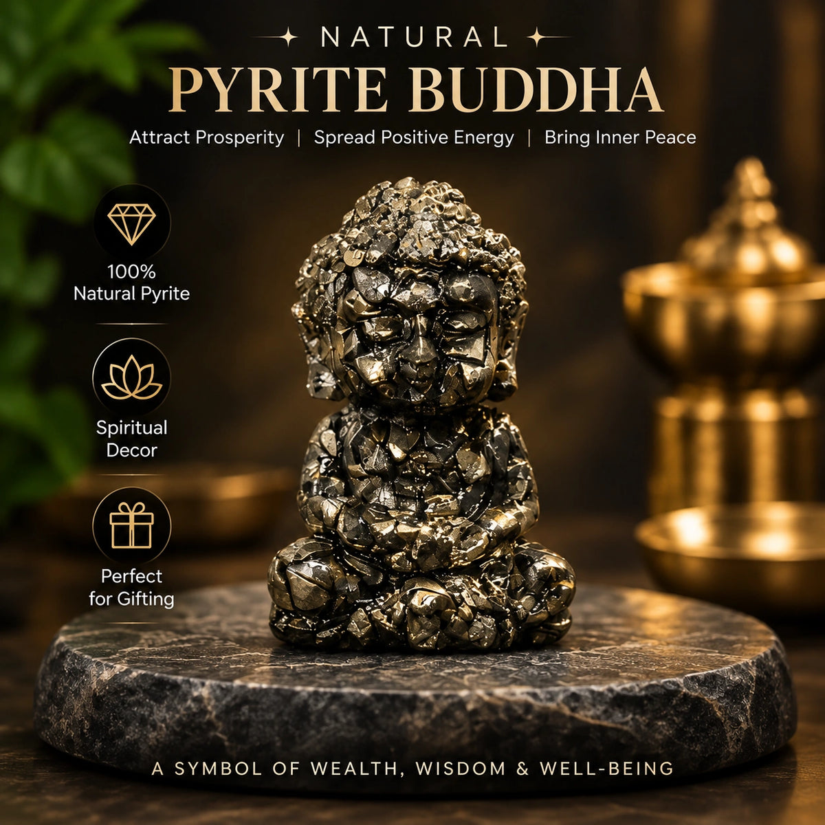 Natural Pyrite Buddha Idol – Wealth, Prosperity & Meditation Decor