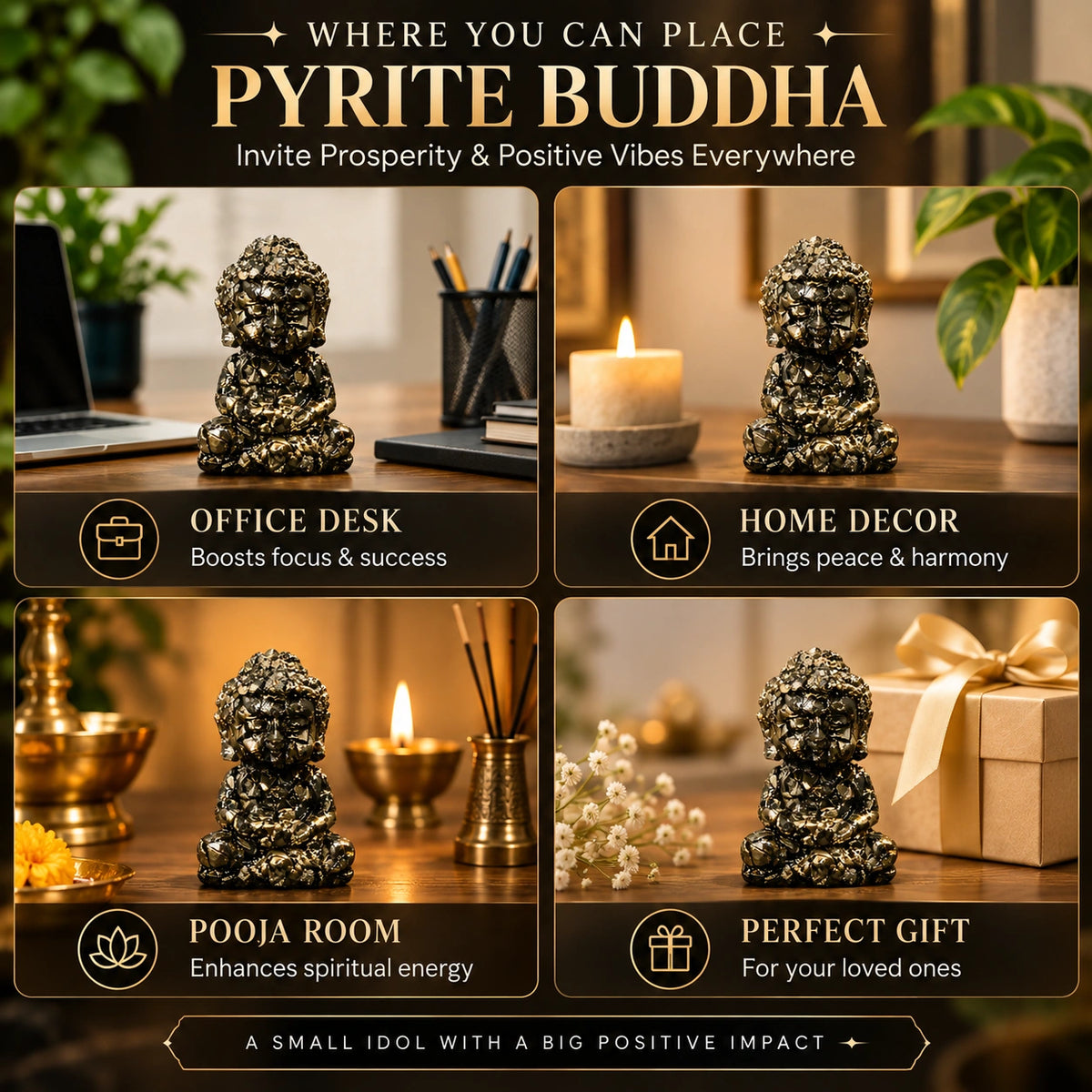 Natural Pyrite Buddha Idol – Wealth, Prosperity & Meditation Decor