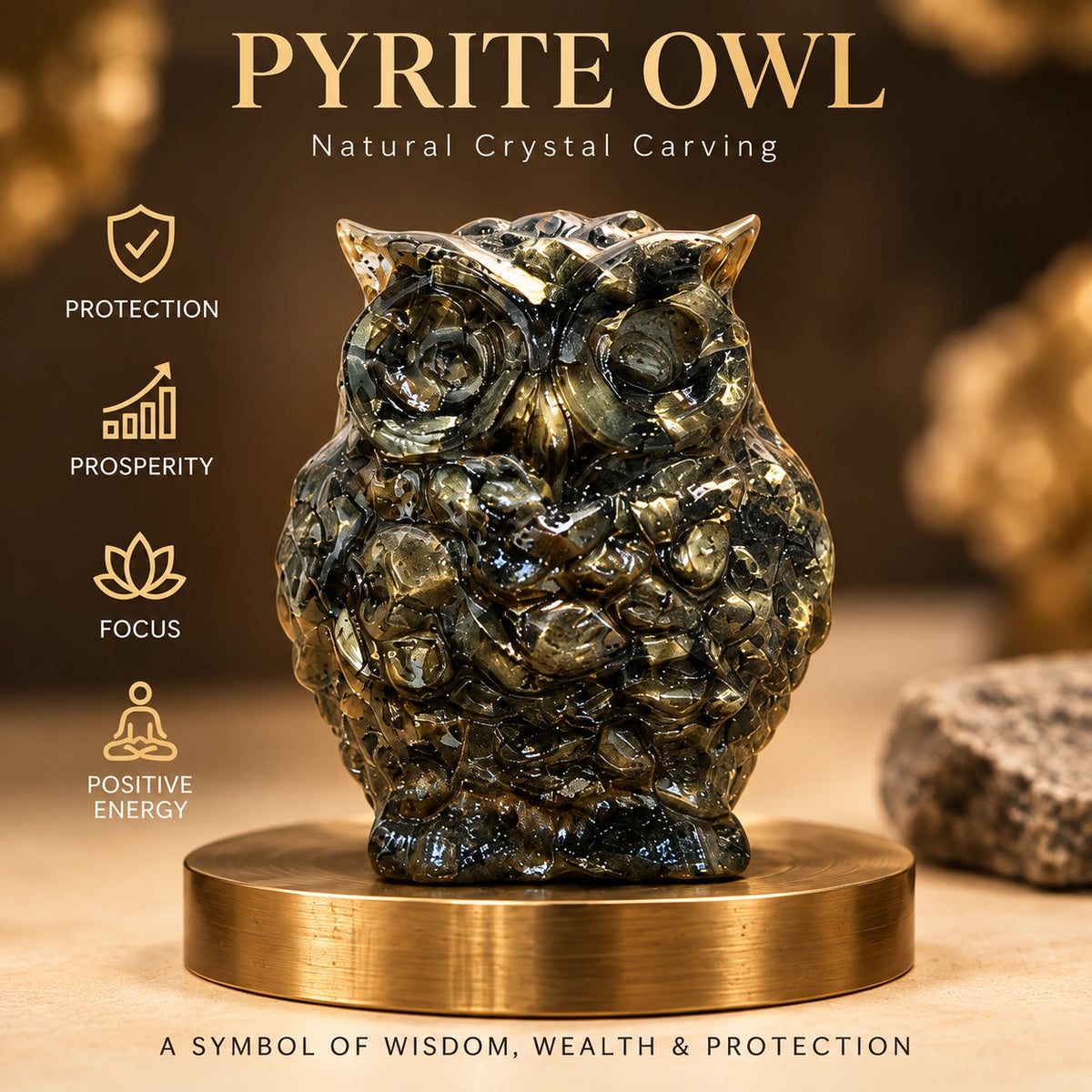 Pyrite Owl Crystal Idol – Vastu Wealth, Success & Positive Energy