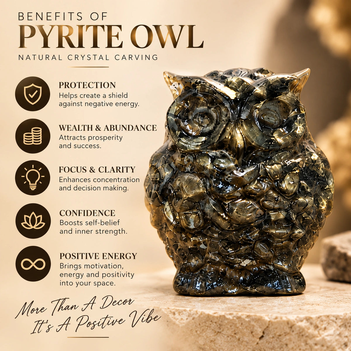 Pyrite Owl Crystal Idol – Vastu Wealth, Success & Positive Energy