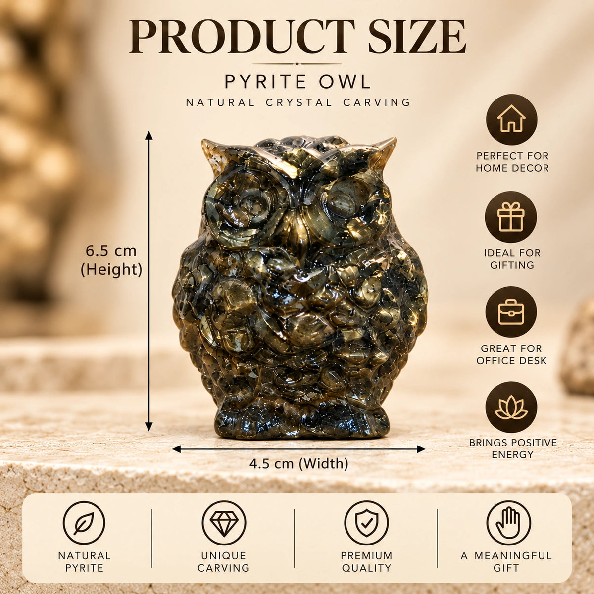 Pyrite Owl Crystal Idol – Vastu Wealth, Success & Positive Energy