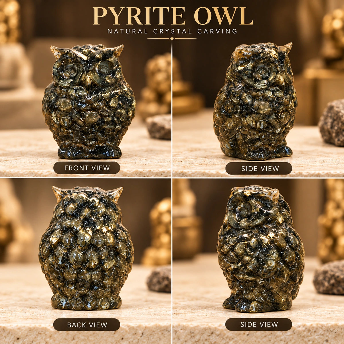 Pyrite Owl Crystal Idol – Vastu Wealth, Success & Positive Energy