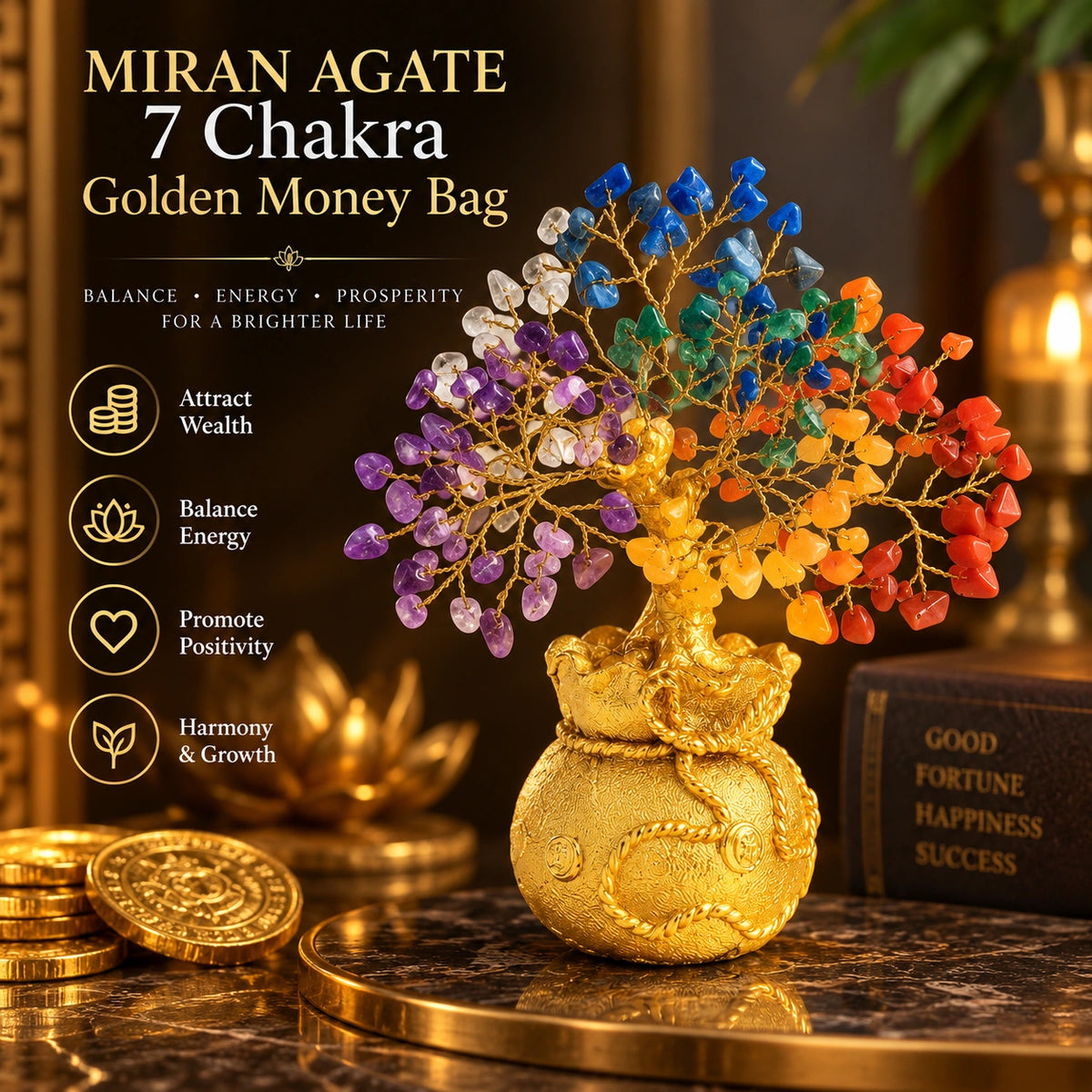 7 Chakra Crystal Money Tree with Golden Money Bag