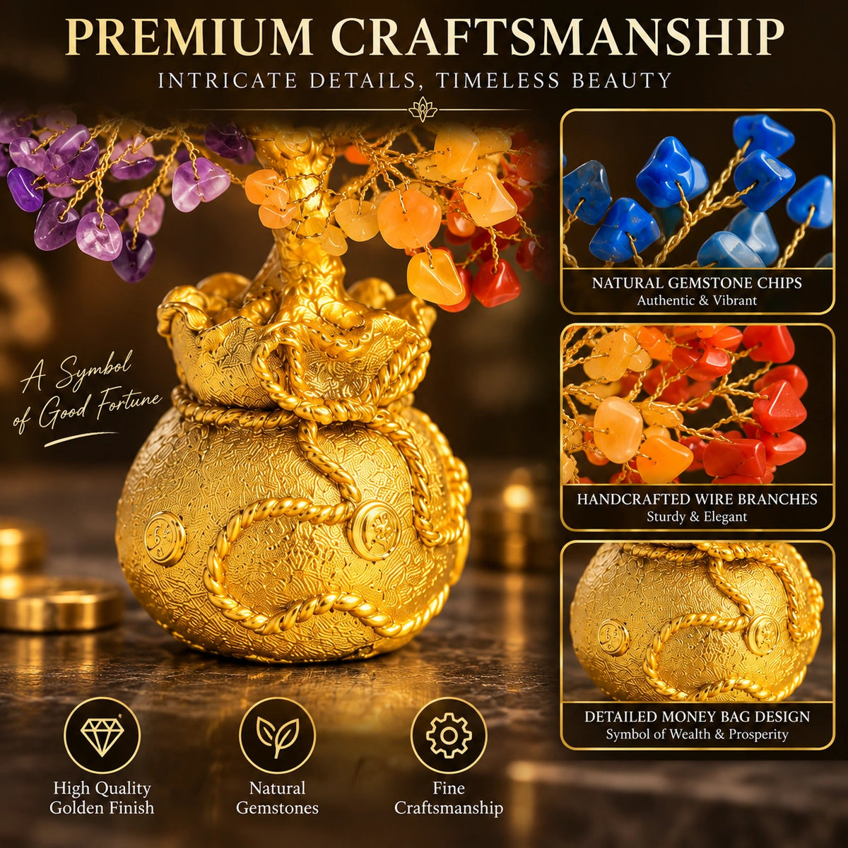 7 Chakra Crystal Money Tree with Golden Money Bag