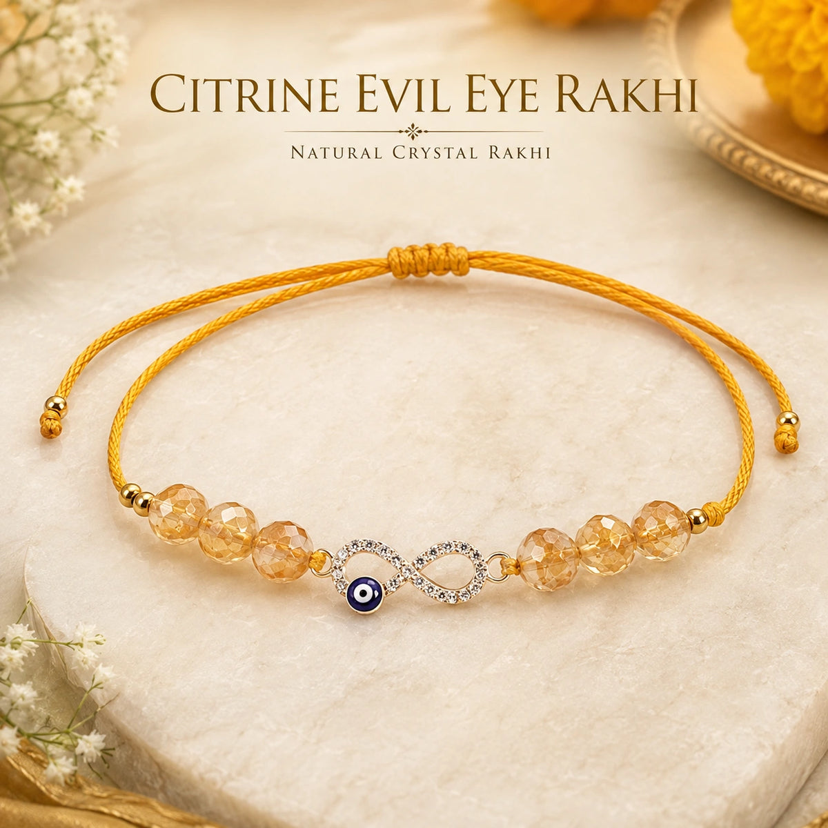 Natural Citrine Evil Eye Infinity Gemstone Rakhi