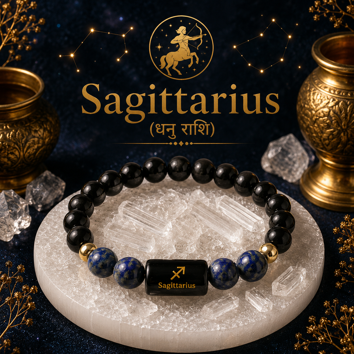 Sagittarius Dhanu Rashi Zodiac Bracelet with Black Obsidian and Lapis Lazuli
