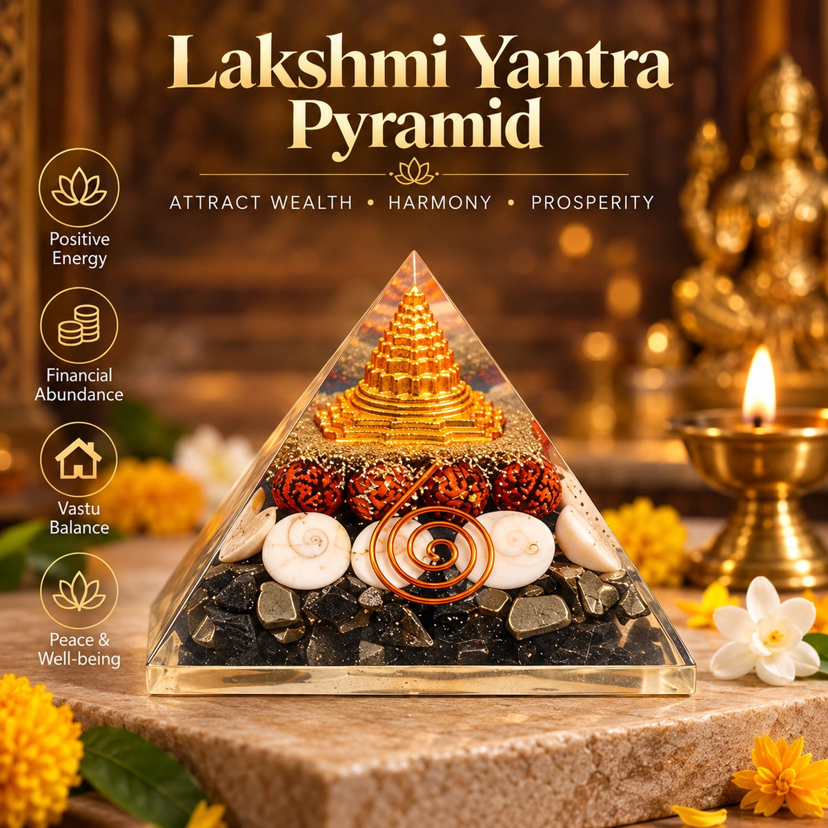 Lakshmi Yantra Pyramid – Shree Yantra Vastu Crystal Decor
