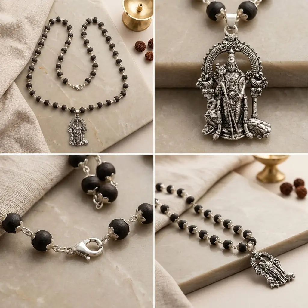 Karungali Mala with Silver Murugan Pendant | Sacred & Spiritually Pure