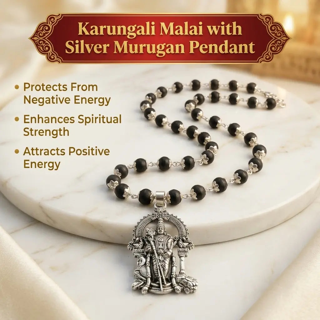 Karungali Mala with Silver Murugan Pendant | Sacred & Spiritually Pure